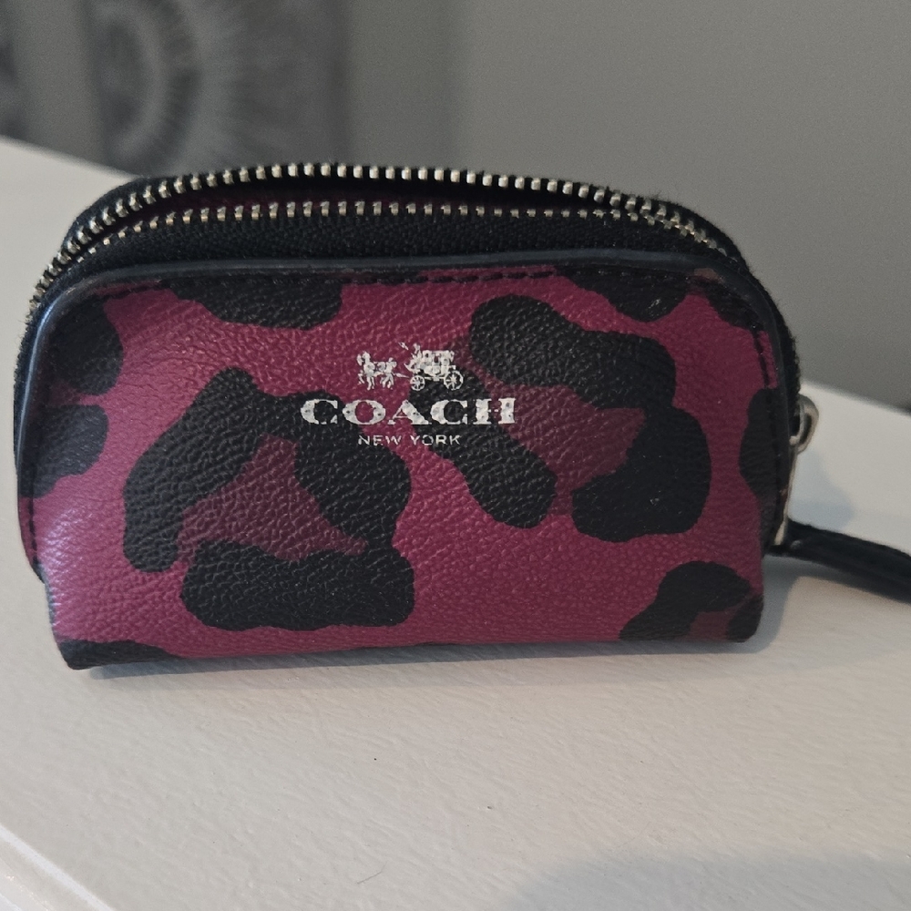 Coach Pink and Black Leopard Zip Card Pouch